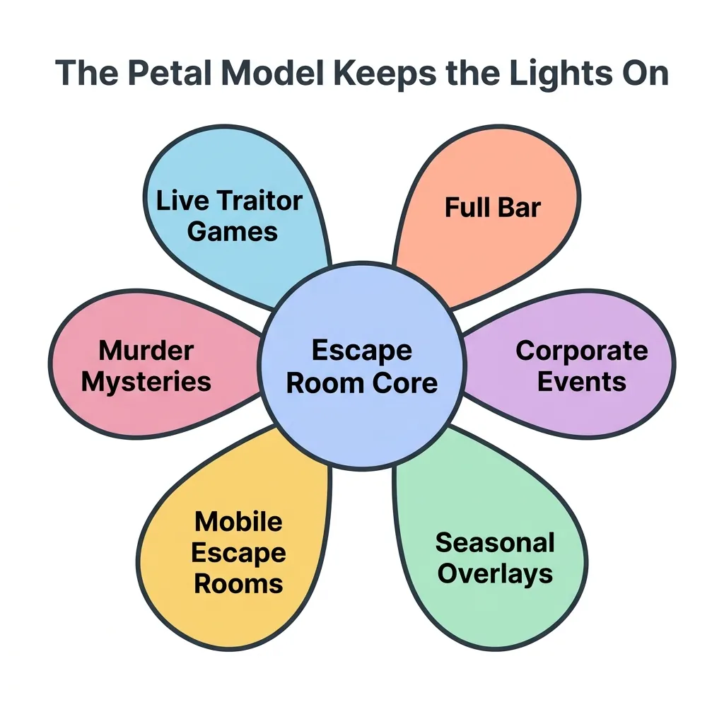 Petal diagram with escape room core surrounded by six revenue streams