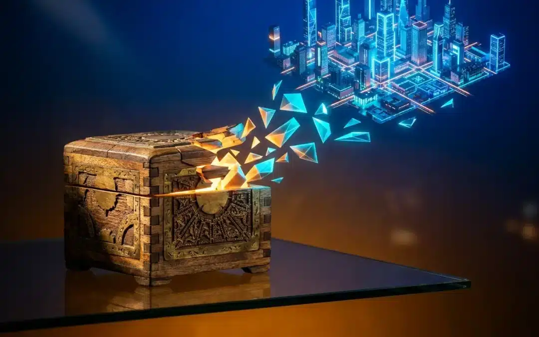 A glowing treasure chest dissolving into a digital cityscape