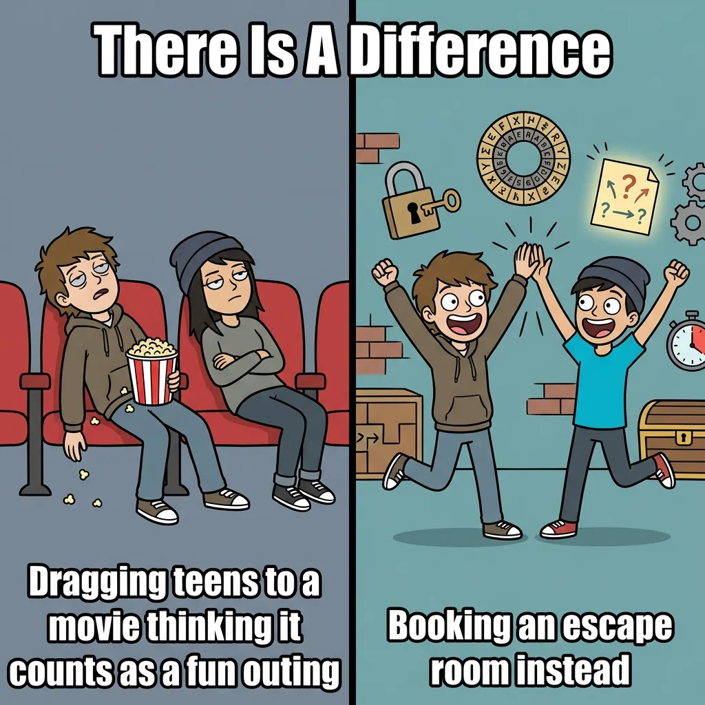 Escape Room vs. Movie Night - The Teen Fun Comparison Meme Two-panel meme: bored teens slouched in movie theater seats left, teens high-fiving in escape room with puzzle props right