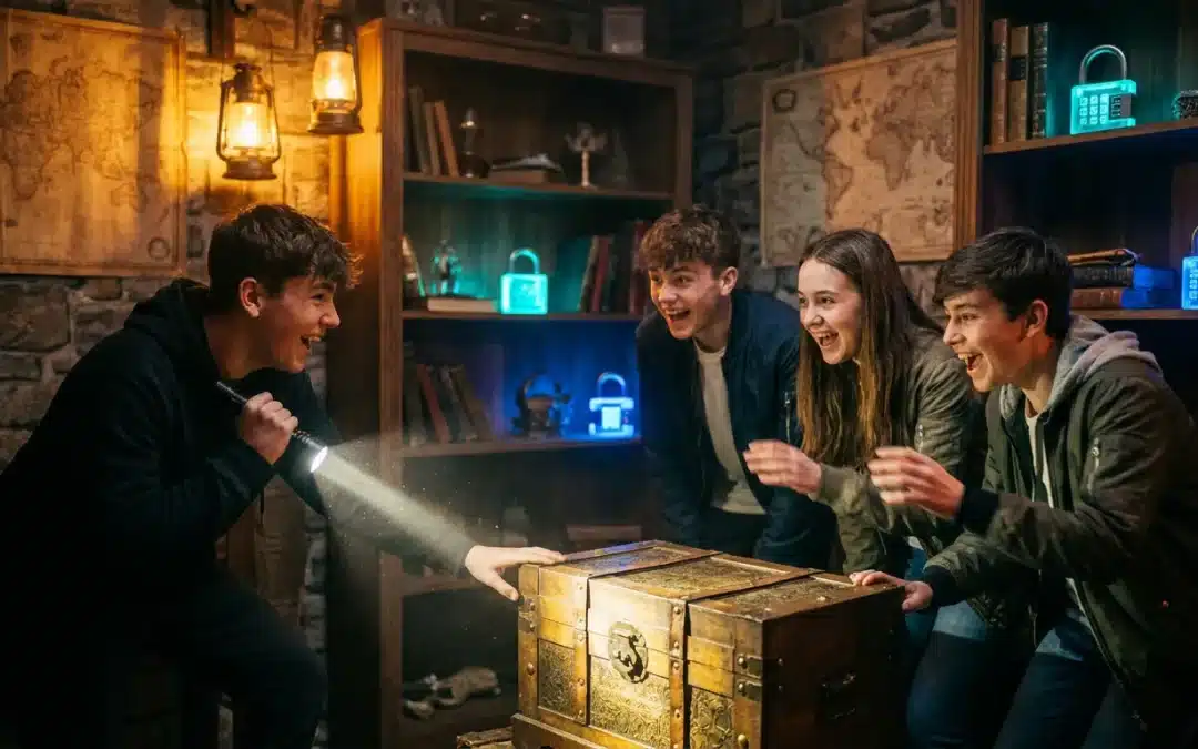 Four friends opening a glowing chest by torchlight in an escape room